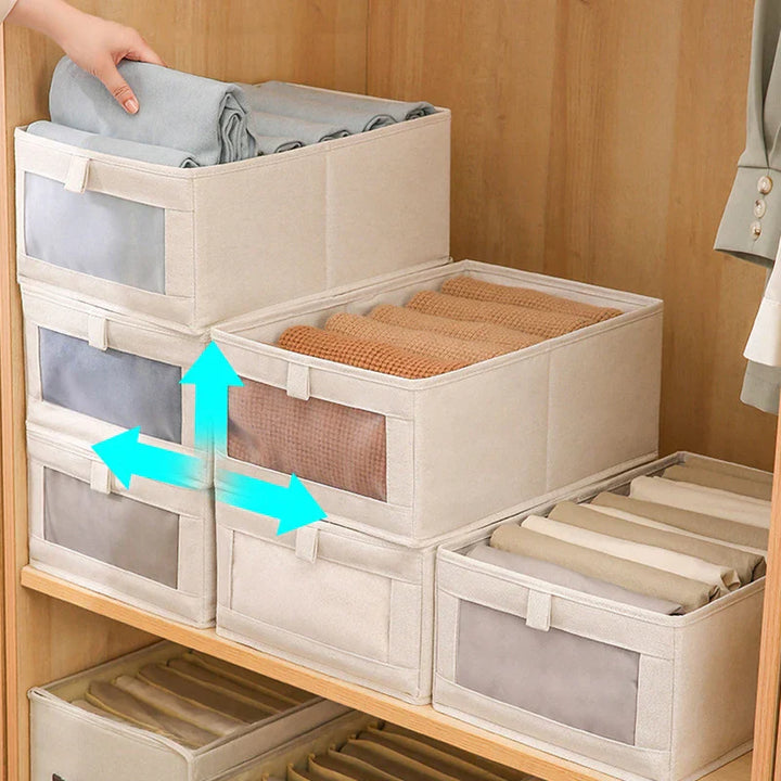 Boîte de rangement pour vêtements avec fenêtre | Pliable & Respirante | Boîte en lin VistaLino en M/L/XL