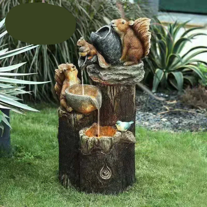 Fontaine Deko Solaire Lunaverde Canard & Écureuil | Figurine de jardin avec lumière LED | Résine synthétique résistante aux intempéries | Pour terrasse & balcon