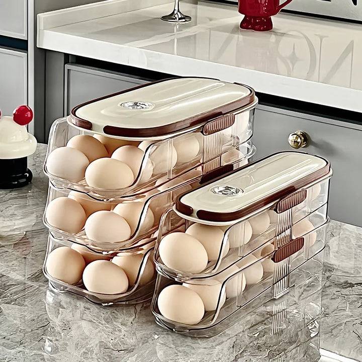 RollEgg Max | Support à œufs automatique pour réfrigérateur | Organisateur à œufs empilable en plastique transparent