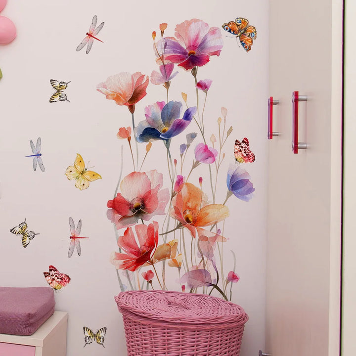 Autocollant mural Lunaflora | Fleurs aquarelle & papillons | Amovible & étanche | PVC 42×50 cm