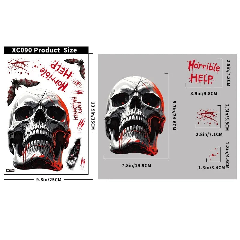 Autocollants de fenêtre HorrorPumpkins | Ensemble d'autocollants Halloween | Citrouille, crâne, empreintes de mains ensanglantées & chauves-souris | Réutilisables