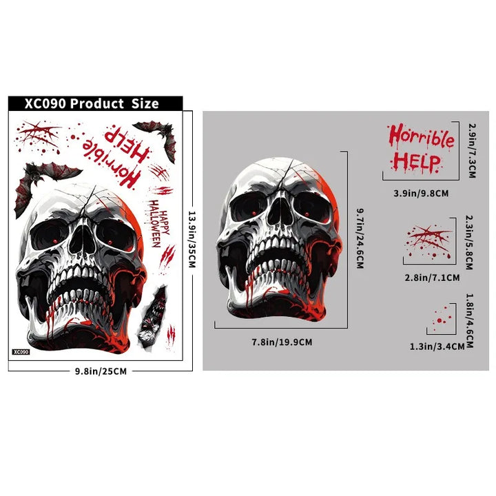 Autocollants de fenêtre HorrorPumpkins | Ensemble d'autocollants Halloween | Citrouille, crâne, empreintes de mains ensanglantées & chauves-souris | Réutilisables