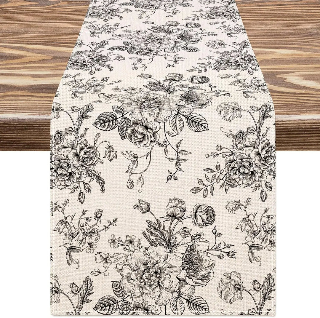 LinoBloom | Chemin de table en lin | Design Chinoiserie Bleu-Fleurs | Lavable & Réutilisable | 150/180/200 × 33 cm