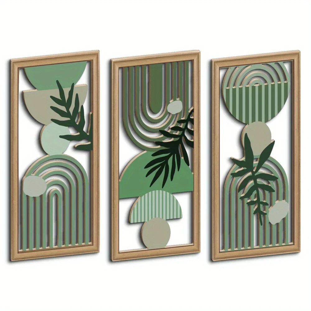 Set d'art mural LioraBoho | Set de 3 décorations murales en bois 40×20 cm | Design rustique de feuilles | Style Boho pour salon et chambre
