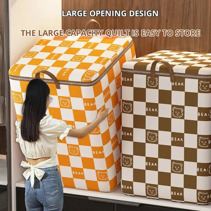 Sac de rangement Bearilo avec motif d'ours | Grande capacité pour couvertures, vêtements & déménagement | Pliable & portable | Orange/Marron