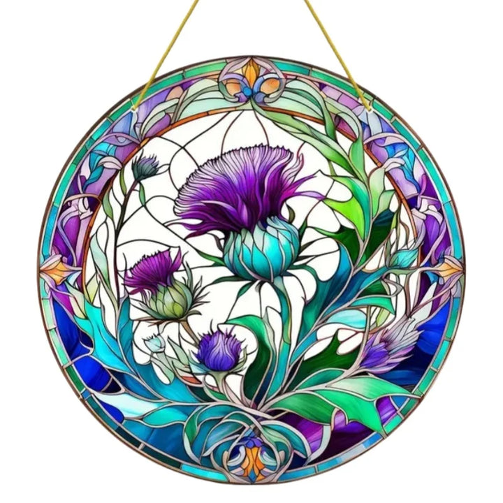 Attrape-Soleil ThistleLight | Décoration de fenêtre en acrylique ronde avec motif de chardon | 15–20 cm | Peint à la main & translucide