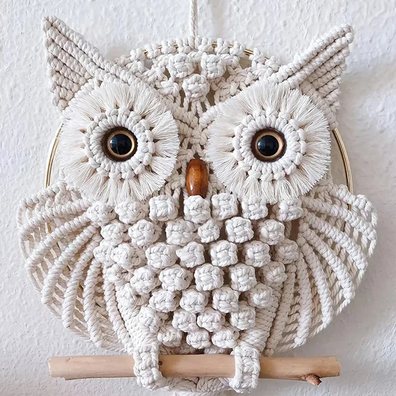 Tenture murale en macramé Hibou de Sagesse | Fait main en corde de coton | Décoration Boho | 15×45 cm / 30×80 cm