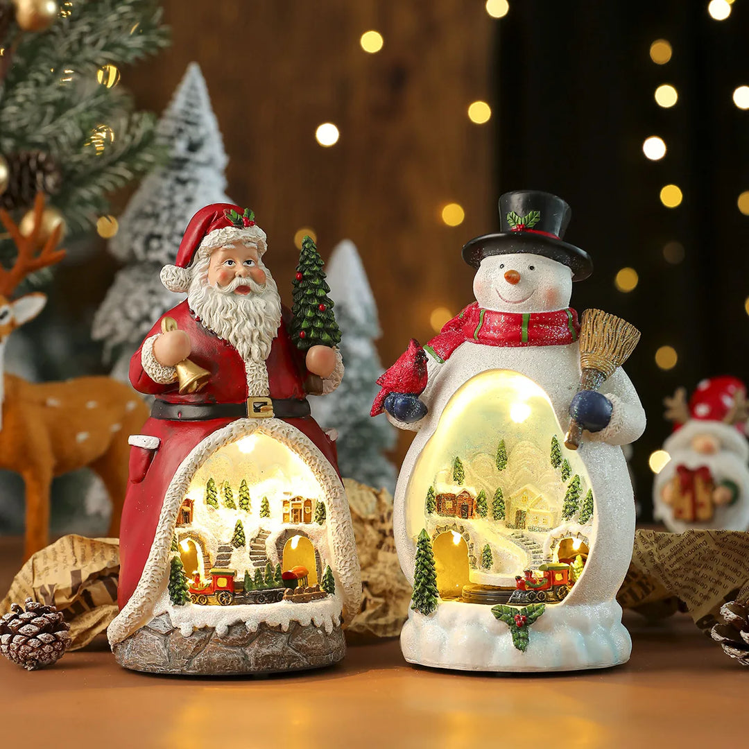 Musik-Weihnachtshaus FrostCabin | Figurine de Noël LED avec musique & train tournant | Fonctionne sur USB & piles | Maison décorative en résine