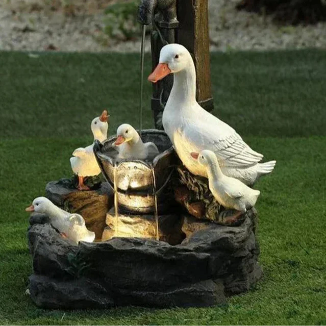 Fontaine Deko Solaire Lunaverde Canard & Écureuil | Figurine de jardin avec lumière LED | Résine synthétique résistante aux intempéries | Pour terrasse & balcon