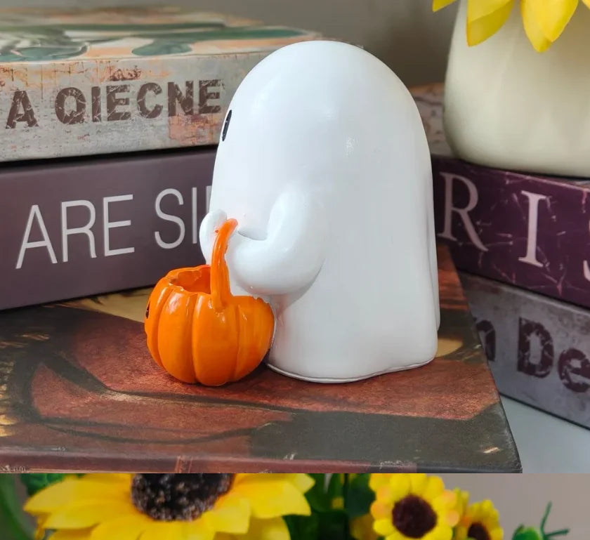 PumpkiBoo Figurine décorative | Fantôme d'Halloween avec citrouille | Ornement en résine | Convient aux bougies LED