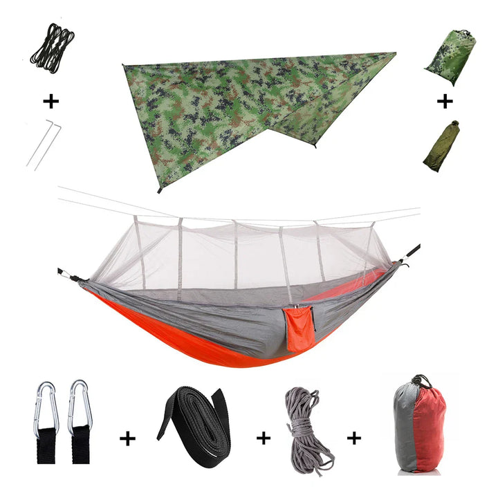 Trekviva Hamac de Camping | Filet anti-moustiques intégré & Tarp de pluie | Ultra léger & Résistant | Solution 3-en-1 pour l'extérieur