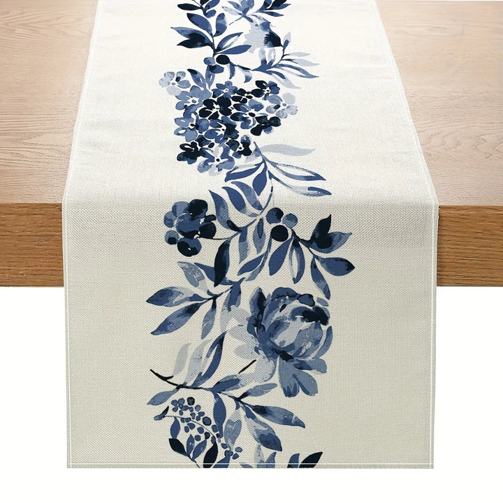 BloomLoom | Chemin de table Boho | Lin avec fleurs bleues | 150–200 × 33 cm