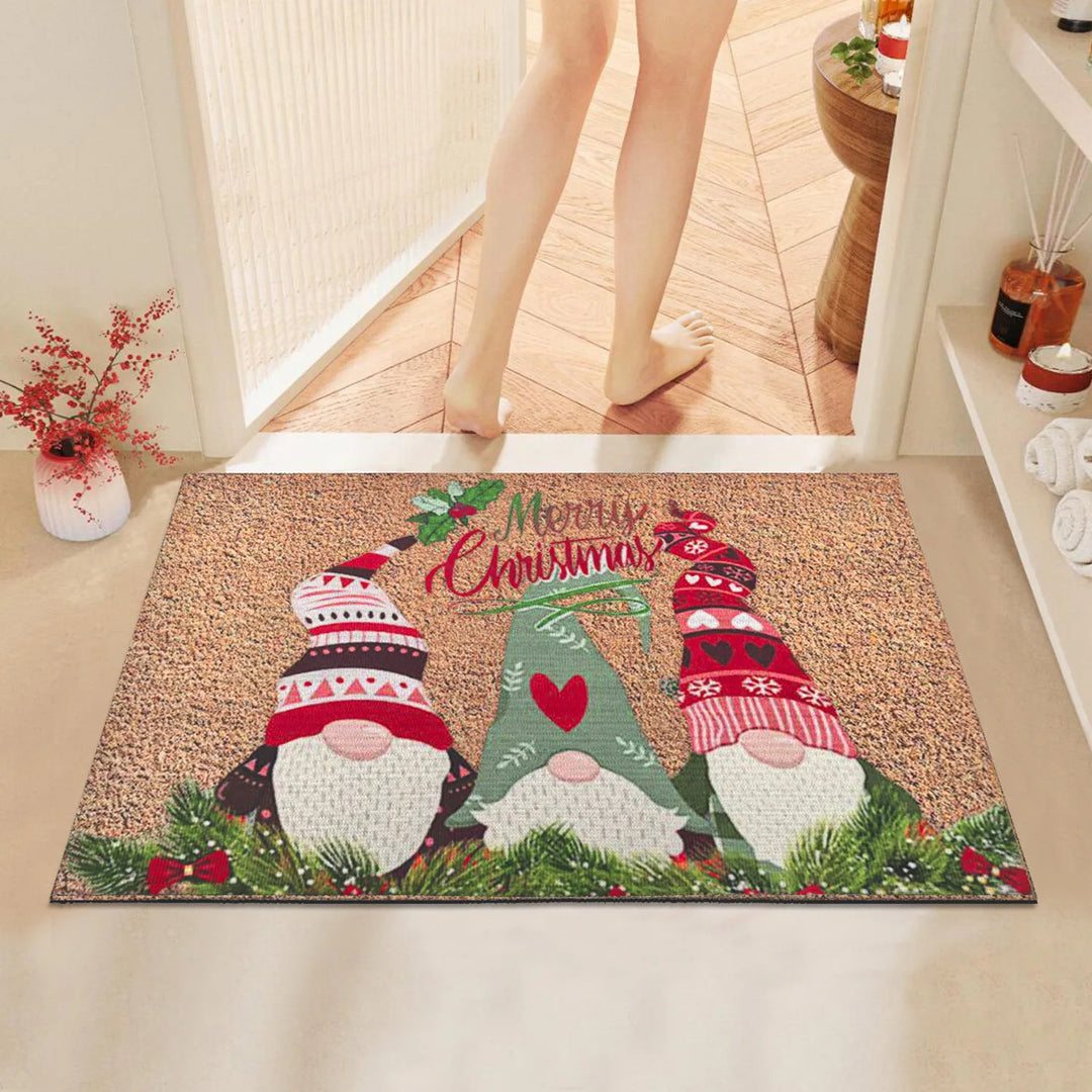 Tapis de Noël | Tapis rouge avec motif de Père Noël et nains | Antidérapant & Absorbant | Intérieur & Extérieur