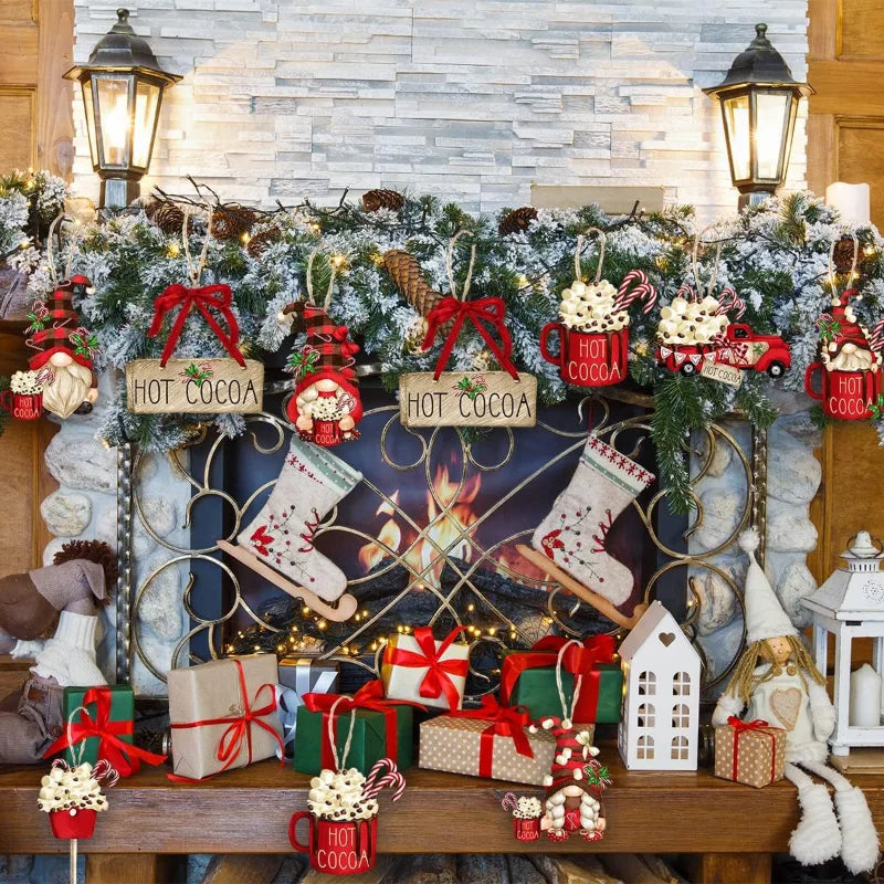 Nordivine | Set de 24 décorations de Noël en bois | Design Chocolat Chaud & Père Noël | Avec cordon suspendu | Pour arbre, fenêtres & cadeaux