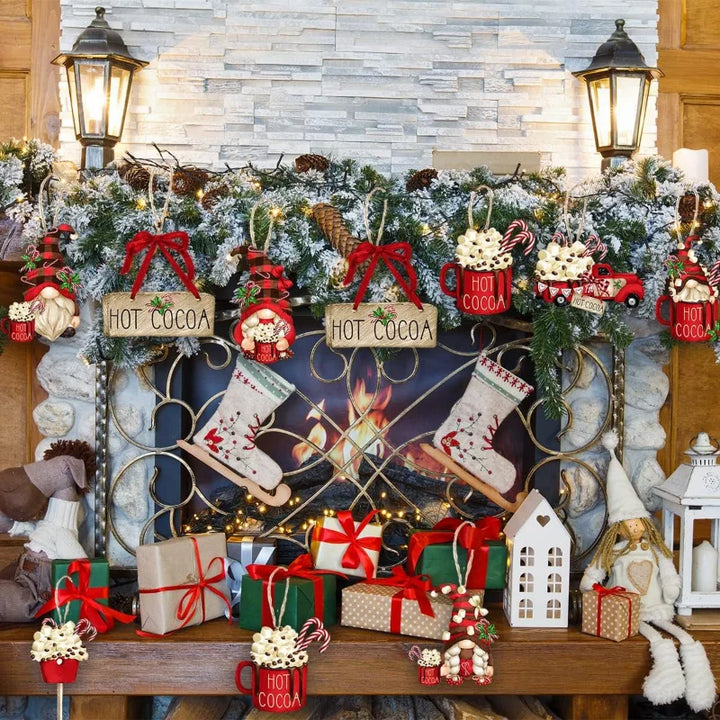 Nordivine | Set de 24 décorations de Noël en bois | Design Chocolat Chaud & Père Noël | Avec cordon suspendu | Pour arbre, fenêtres & cadeaux