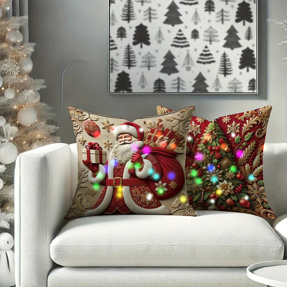 Housse de coussin LED Noël LumiNoël | Design 3D Père Noël | Avec fonction éclairante | 45x45 cm Polyester