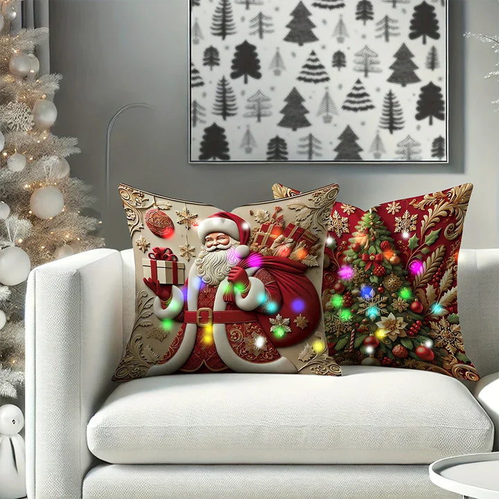 Housse de coussin LED Noël LumiNoël | Design 3D Père Noël | Avec fonction éclairante | 45x45 cm Polyester