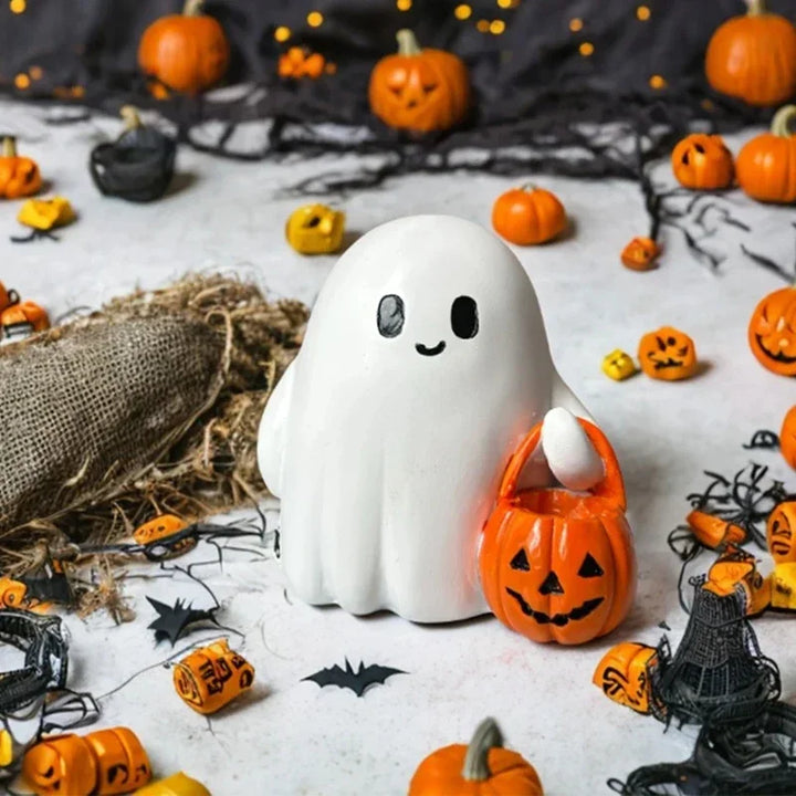 PumpkiBoo Figurine décorative | Fantôme d'Halloween avec citrouille | Ornement en résine | Convient aux bougies LED