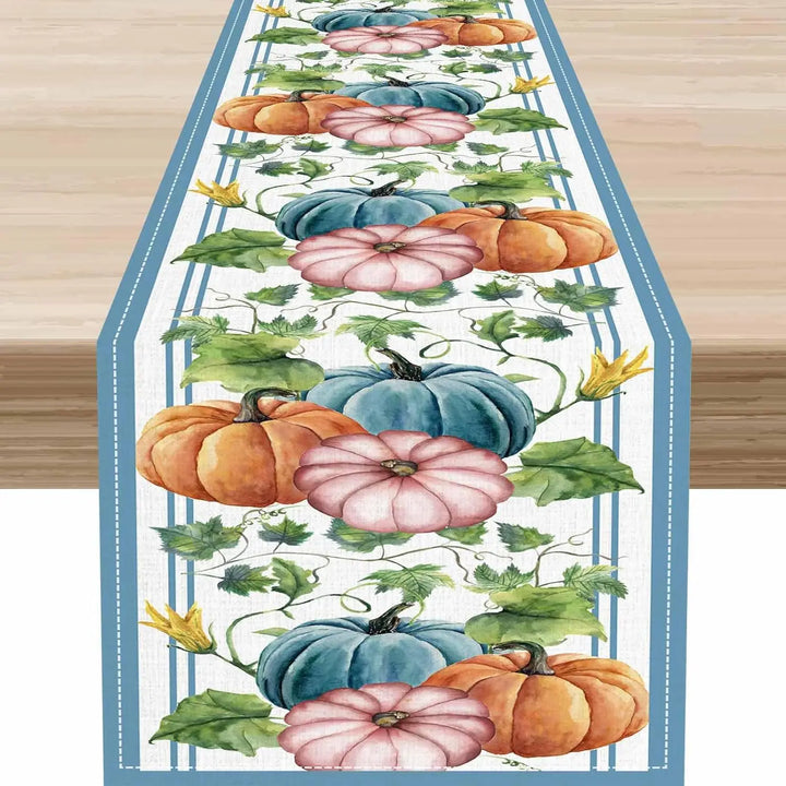 Chemin de table d'automne AutumnGrace | Aspect lin avec motifs de citrouille et de feuilles | Pour Thanksgiving, cuisine et table de fête