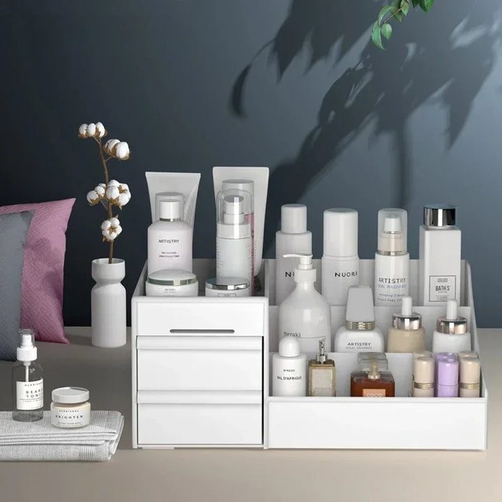 Organisateur de maquillage Cosmevo avec tiroirs | Rangement compact pour le maquillage pour salle de bain et coiffeuse – Blanc, mobile et facile à nettoyer