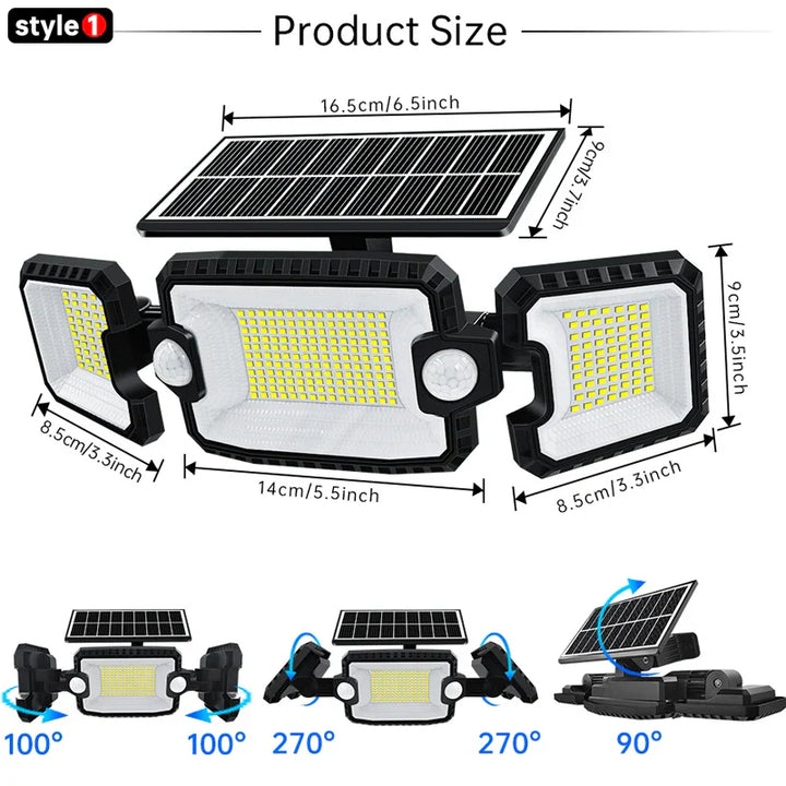 SecuSolar MaxView 167 Projecteur solaire de sécurité 167 LEDs | 3 têtes orientables | Détecteur de mouvement & 3 modes d'éclairage | Étanche IP65 | 2200 Lumens