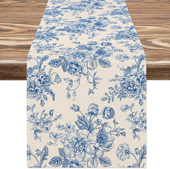 LinoBloom | Chemin de table en lin | Design Chinoiserie Bleu-Fleurs | Lavable & Réutilisable | 150/180/200 × 33 cm
