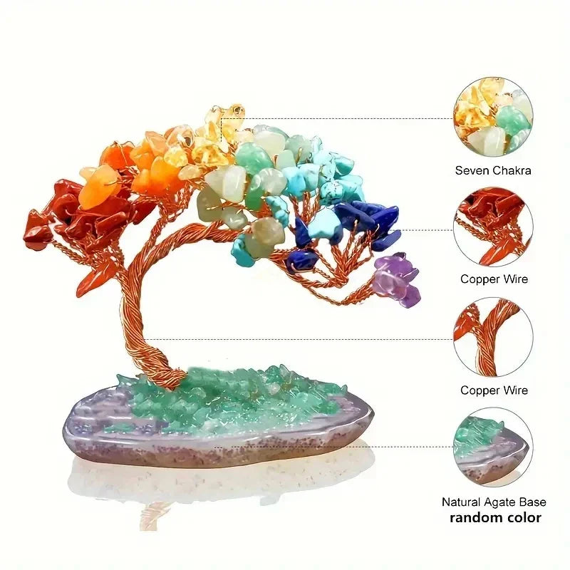 Arbre de Cristal AuroraTree | Pierres Précieuses Naturelles | Base en Agate & Fil de Cuivre | Arbre de Bonheur Feng Shui 10 cm