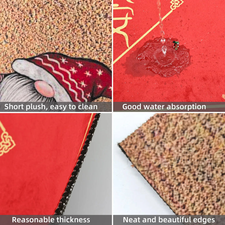 Tapis de Noël | Tapis rouge avec motif de Père Noël et nains | Antidérapant & Absorbant | Intérieur & Extérieur