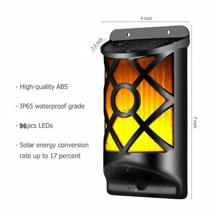 Torche Solaire FlammaLuce | 96 LED Lumière Flamme | Étanche IP65 | Applique de Jardin avec Design en Grille