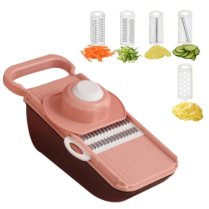 SchnippelMeister Coupe-légumes 5-en-1 | Multicoupe avec récipient de collecte | Râpe, mandoline & coupe en dés | Sans BPA & compatible lave-vaisselle | 27×11×10 cm