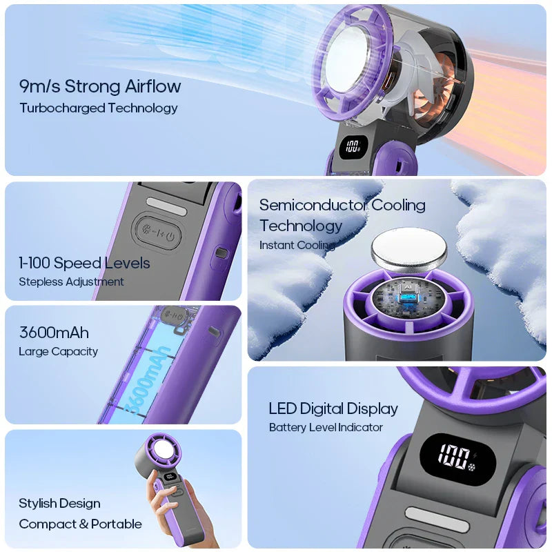 CoolityGo Ventilateur à main avec technologie Ice-Cool | 100 niveaux de vitesse | Batterie de 3600mAh | Pliable et ultraléger