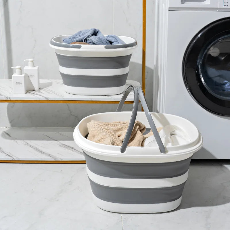 FoldaWash Panier à Linge Pliable | Gain de Place & Portable | PP Robuste | 41×32×24 cm | Gris/Bleu
