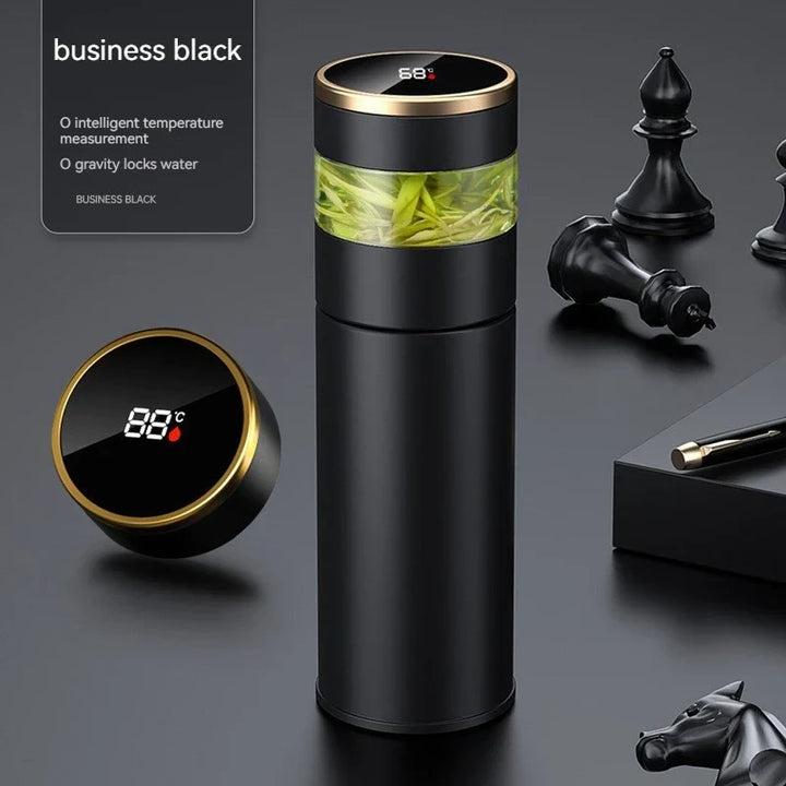 ThermoBrew | Bouteille isotherme avec affichage de température LED & infuseur à thé | 450 ml | Acier inoxydable 304 | Noir
