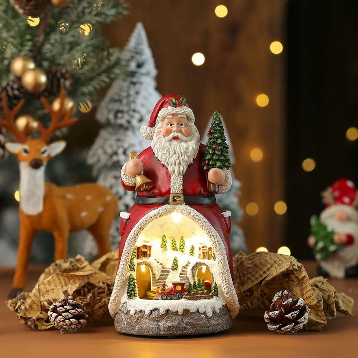 Musik-Weihnachtshaus FrostCabin | Figurine de Noël LED avec musique & train tournant | Fonctionne sur USB & piles | Maison décorative en résine