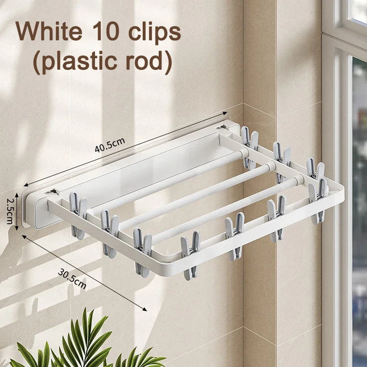 DryFold Séchoir mural pliable | Pliable et gain de place | Avec clips résistants au vent | Plastique/Acier inoxydable