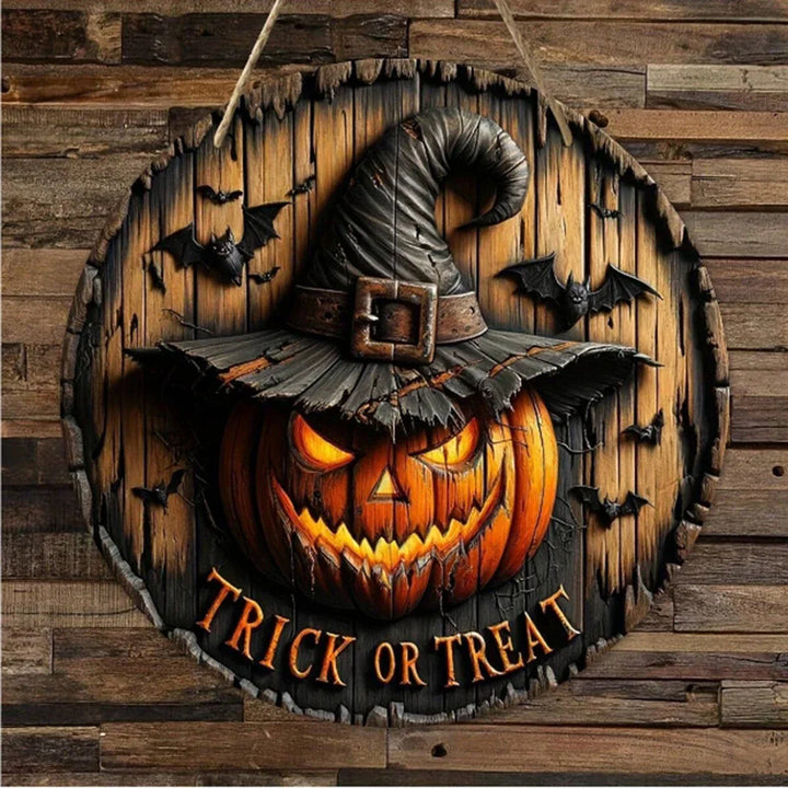 Couronne en bois Halloween rétro PumpkinHollow avec tête de citrouille | Design rétro | Décoration suspendue artisanale pour la maison et le jardin