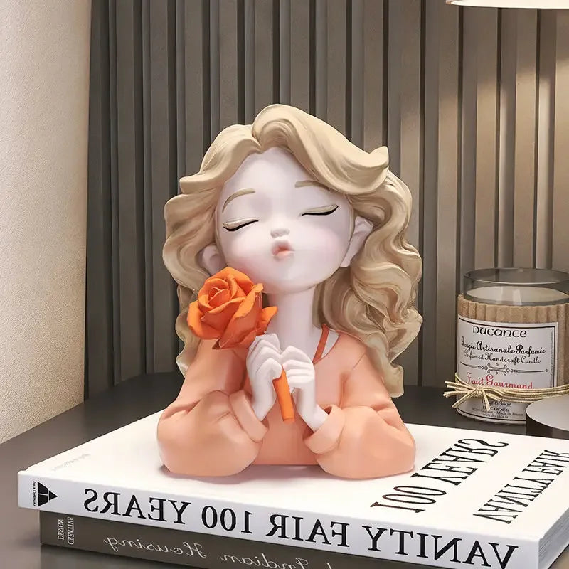 Florina Grace | Figurine décorative fille avec fleur | Statue en résine | Accessoire de maison élégant & idée cadeau