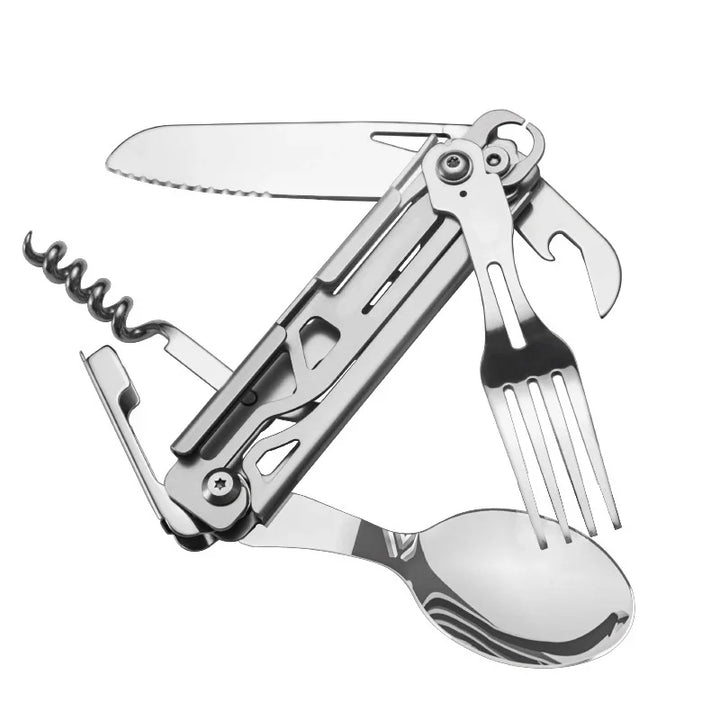 GearSpork Couverts de plein air 6-en-1 | Couverts multifonctions pliables en acier inoxydable | Couteau, fourchette, cuillère, ouvre-boîte & ouvre-bouteille | Pour camping & trekking