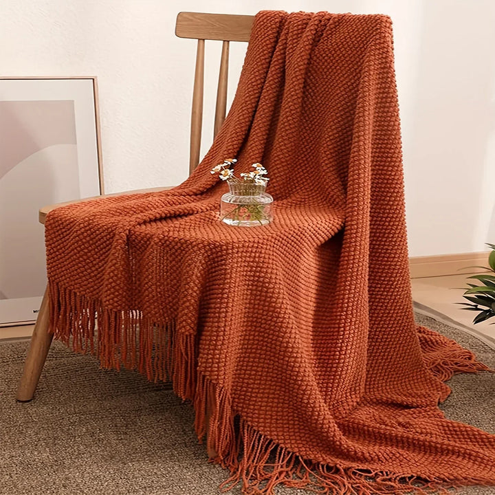 Aurelia Cozy Plaid en tricot avec pompons en orange Morandi | Doux & Réchauffant | 3 tailles | Pour canapé, lit & voyages