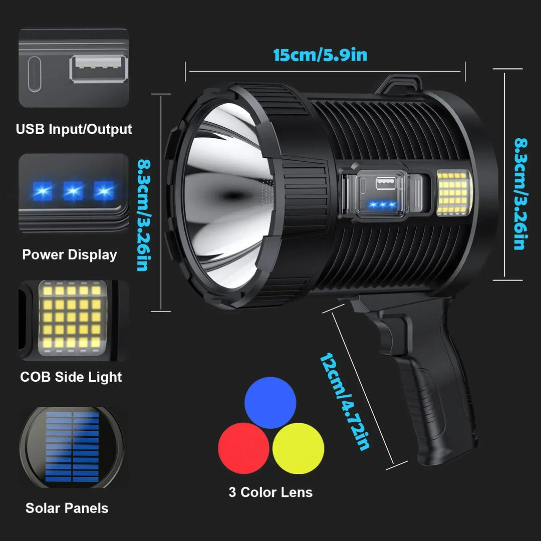 Lampe de poche LuminexPro 900K | 900.000 Lumens | Batterie 10000 mAh | Fonction de charge solaire & USB | Étanche IPX5