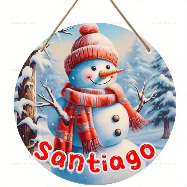 Panneau de Noël en Bois | Suspension Ronde avec Bonhomme de Neige & Père Noël | Décoration de Porte & Mur