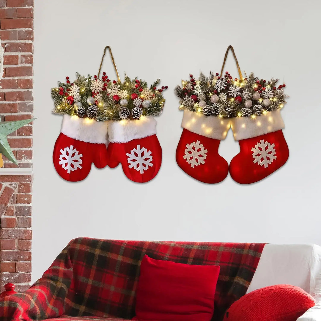 Couronne de Noël | Éclairage LED | Pommes de pin, baies & effet givré | Pour décoration de porte, mur & table