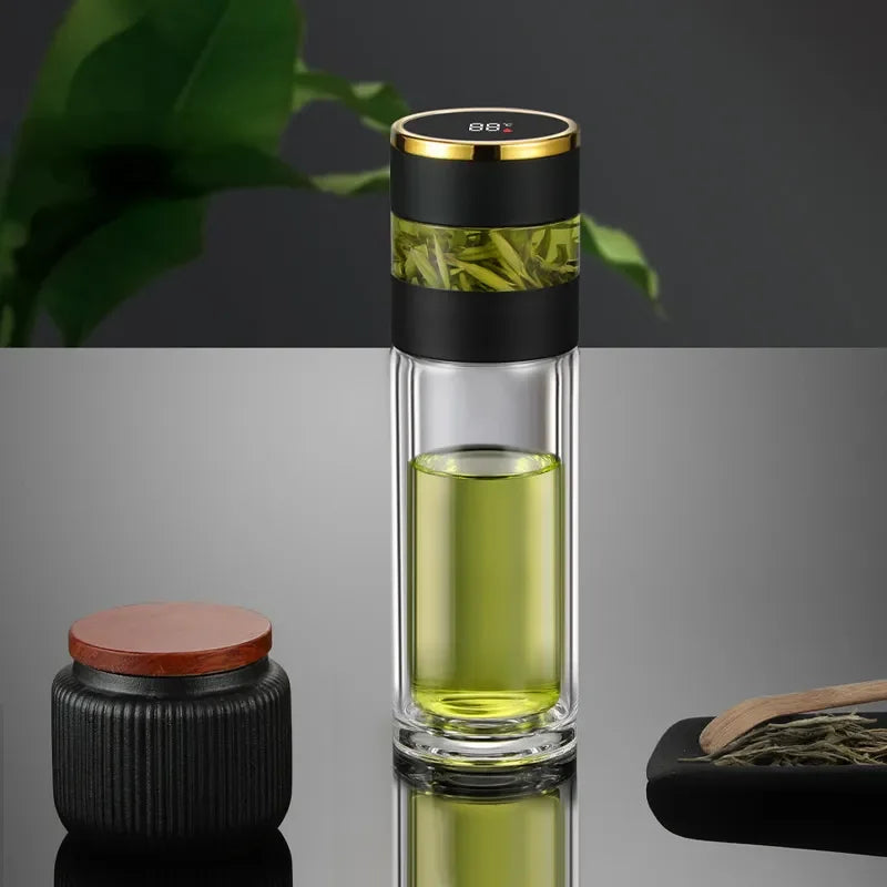 ThermoBrew | Bouteille isotherme avec affichage de température LED & infuseur à thé | 450 ml | Acier inoxydable 304 | Noir