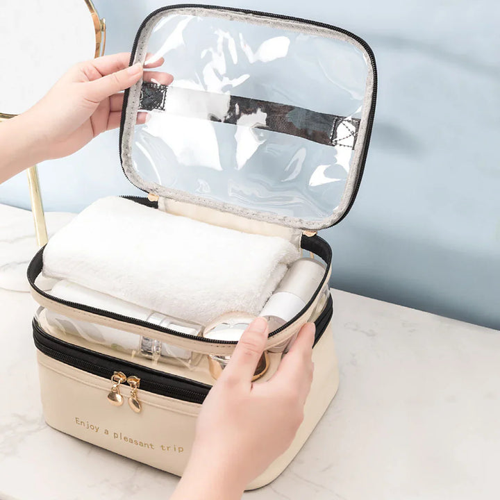 Trousse de maquillage Lunavie | Double couche & Imperméable | Grande capacité | Couvercle transparent