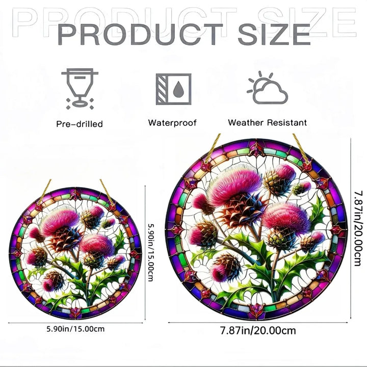 Attrape-Soleil ThistleLight | Décoration de fenêtre en acrylique ronde avec motif de chardon | 15–20 cm | Peint à la main & translucide