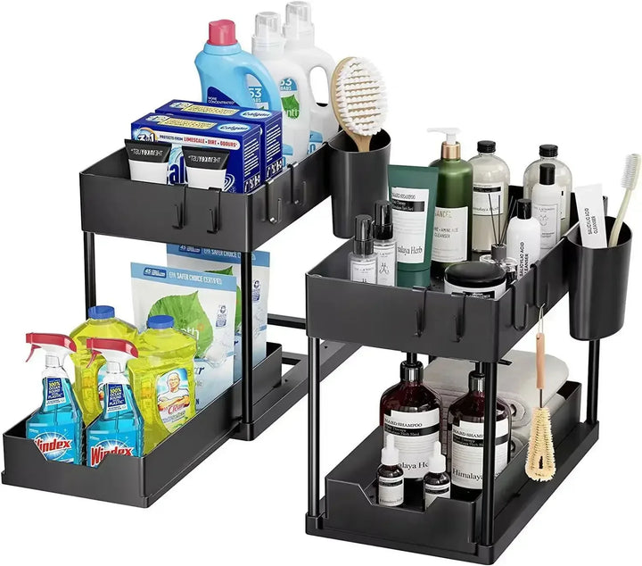 Organisateur de sous-évier Storavera | 2 étagères avec paniers coulissants et crochets | Pour cuisine et salle de bain | Étagère de rangement gain de place