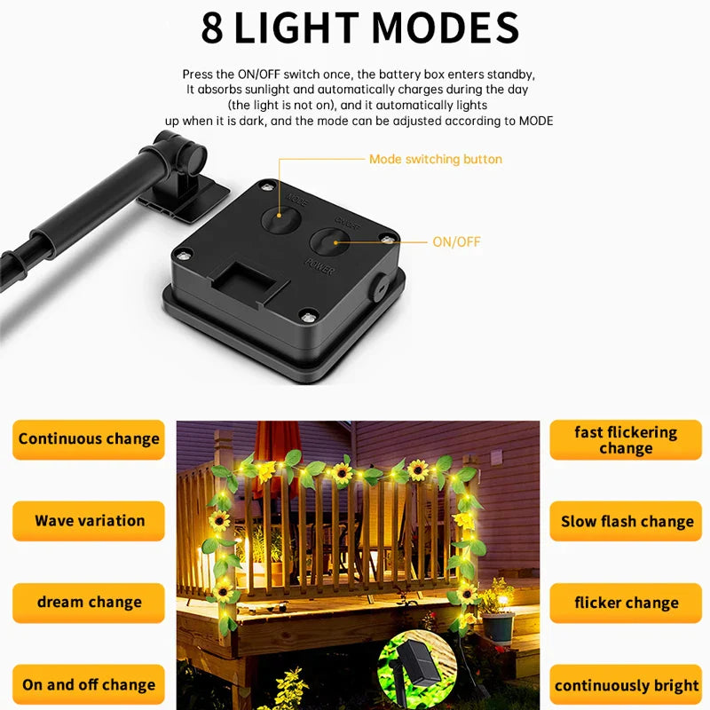 Guirlande lumineuse solaire Floralina | Design Marguerite | 8 Modes & Énergie Solaire | Pour Jardin, Mariage & Décoration