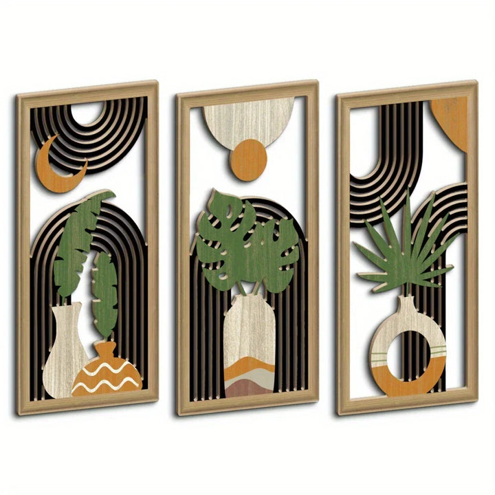 Set d'art mural LioraBoho | Set de 3 décorations murales en bois 40×20 cm | Design rustique de feuilles | Style Boho pour salon et chambre