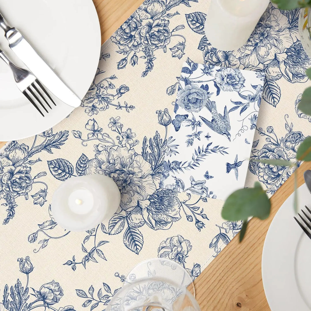 LinoBloom | Chemin de table en lin | Design Chinoiserie Bleu-Fleurs | Lavable & Réutilisable | 150/180/200 × 33 cm