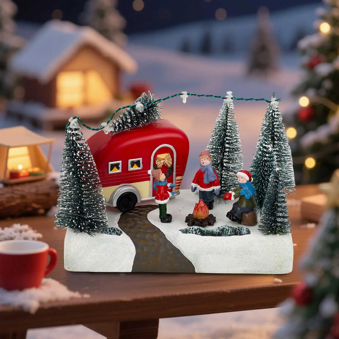 Figurine de Noël HolidayCamper | Scène de camping LED avec musique | Maison décorative de Noël avec enfants et feu de camp | Fonctionne sur piles